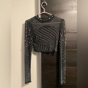 Black mesh long sleeve shirt with pearls and crystals
